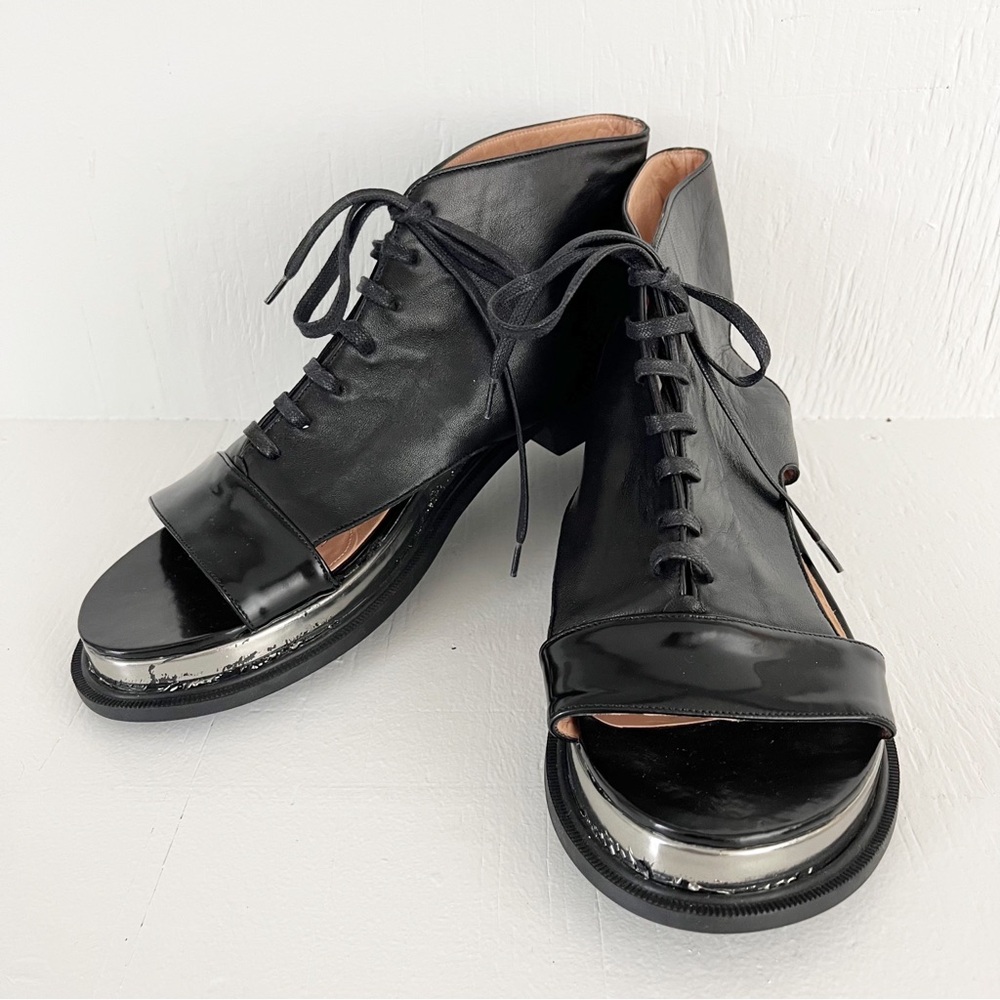 Robert Clergerie Lace Up Open Toe Leather Sandals Black Silver